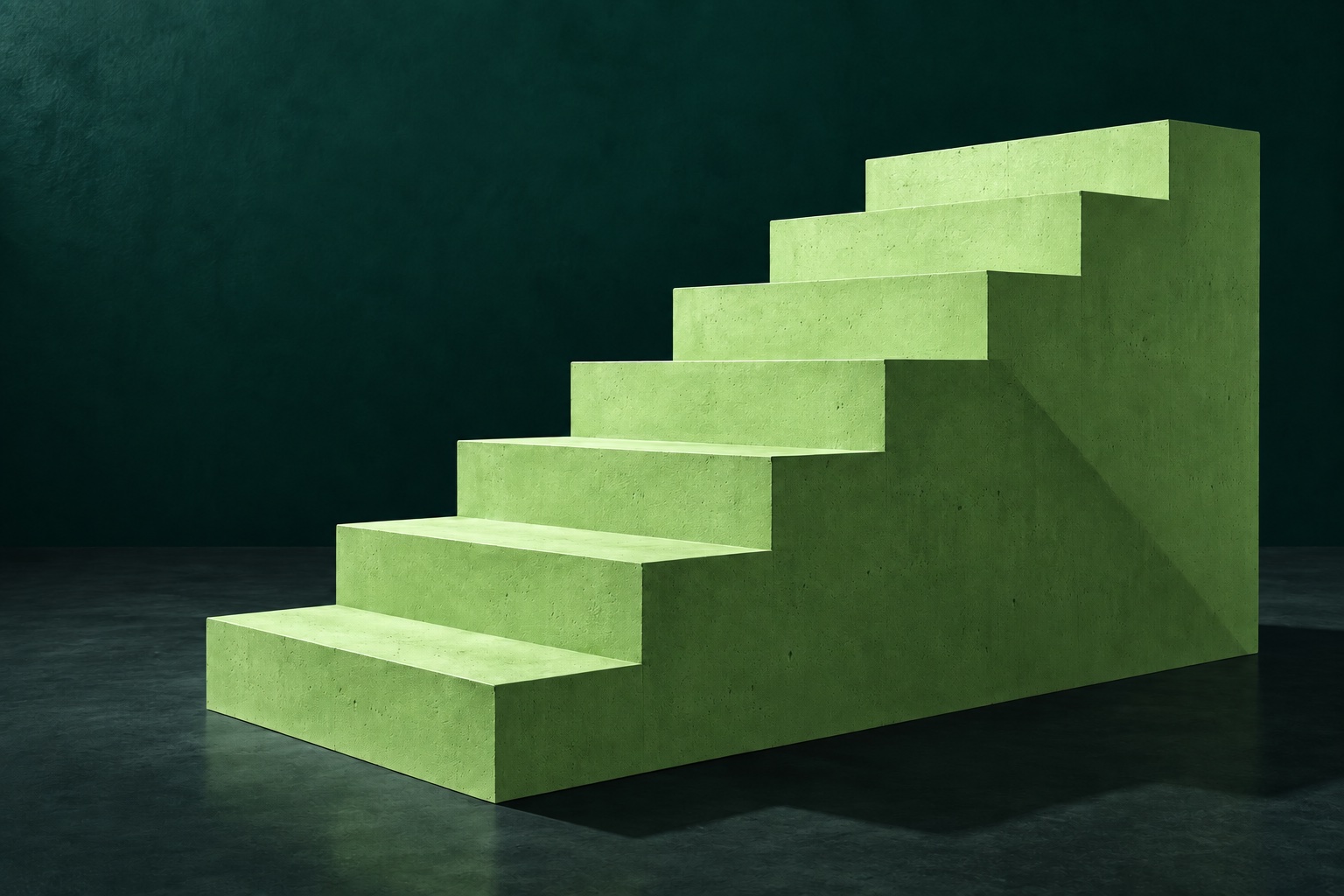 Sculptural green steps ascending against a deep forest background